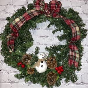 Cozy snowman artificial wreath with scarf bow